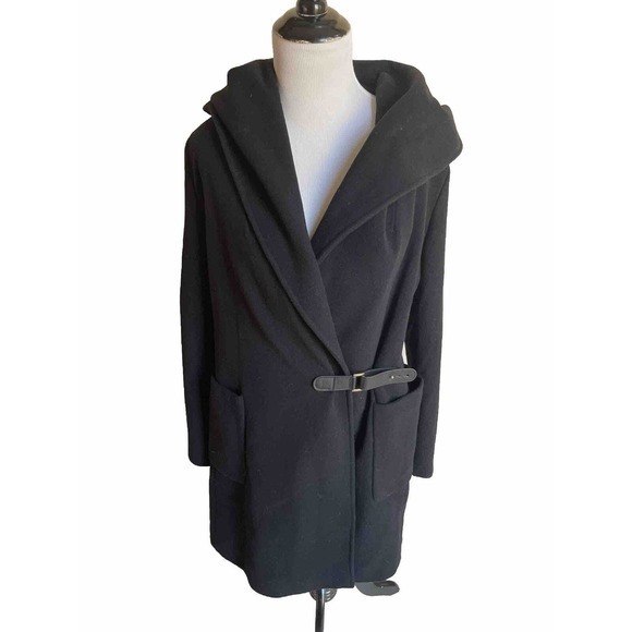 LAUREN RALPH Womens Hooded Black Wool Blend Belted Pea Coat Jacket Size 2 - Picture 7 of 10